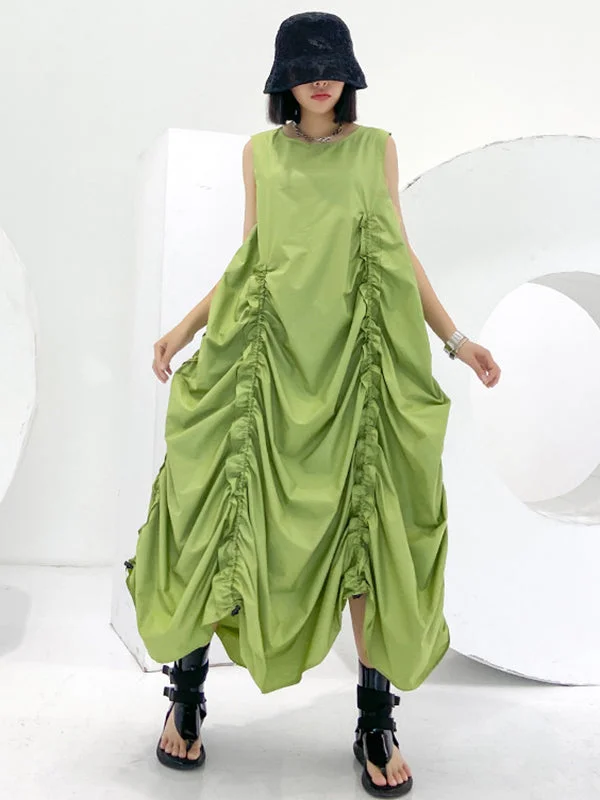 Stylish Sleeveless Drawstring Pleated A-Line Midi Dress