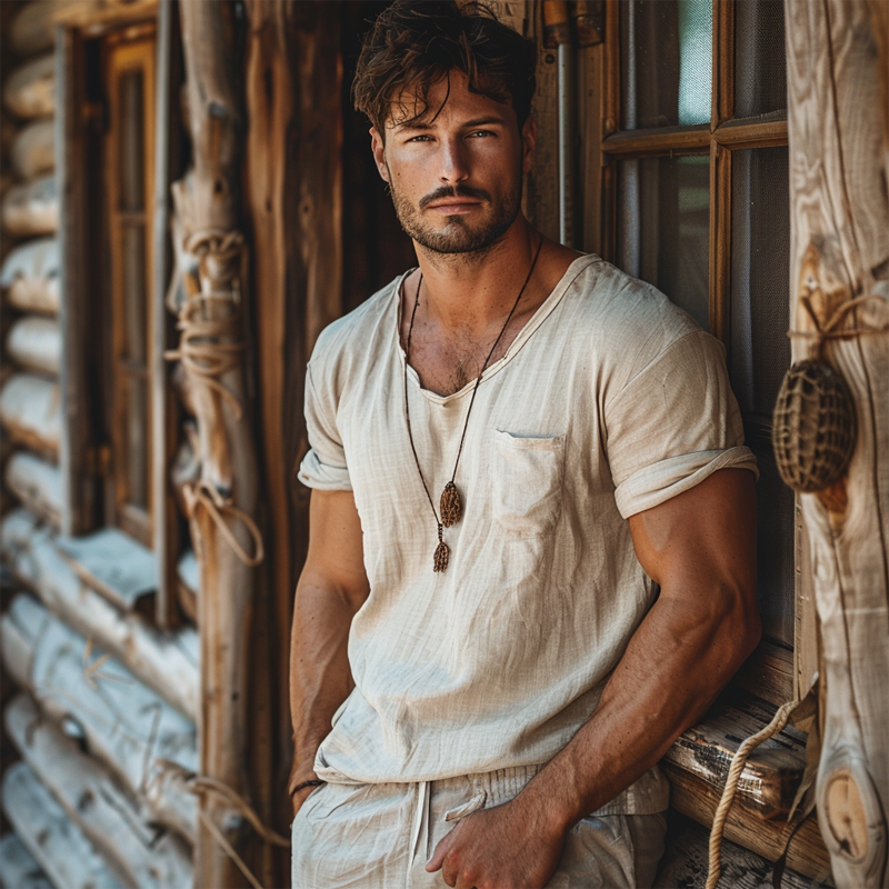 Men's Vintage Linen Farms Short Sleeve Pocket Crew Neck T-Shirt