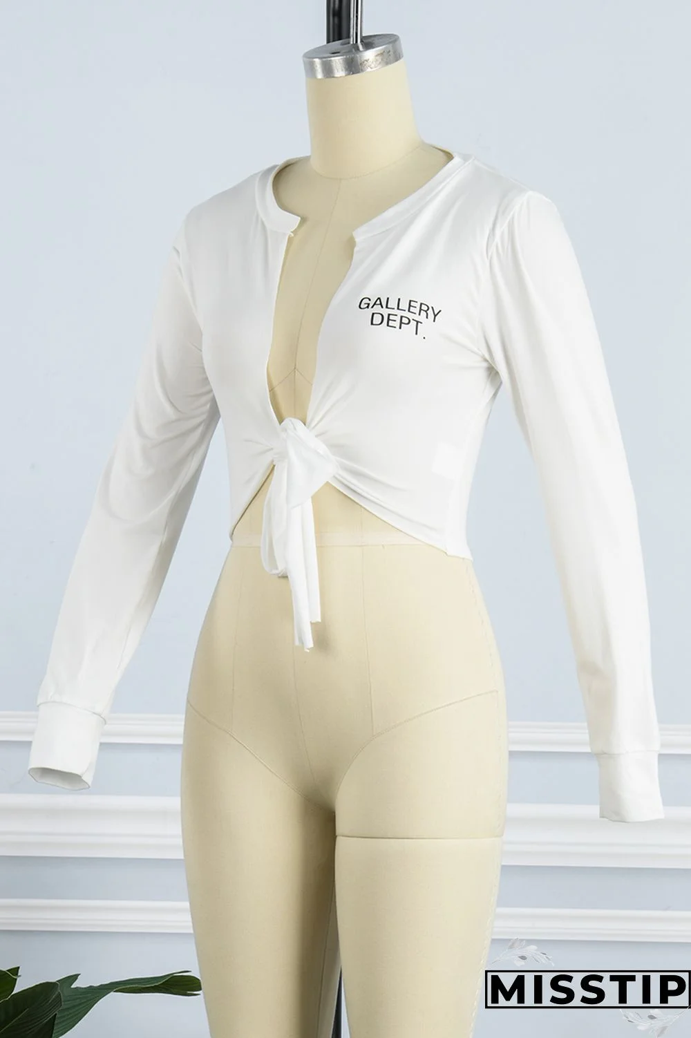 White Casual Letter Print Bandage V Neck Tops