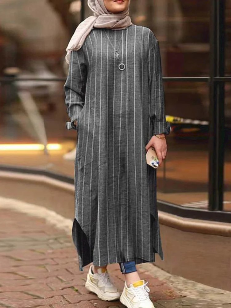 Striped Slit Hem Plus Size Casual Dress with Pockets