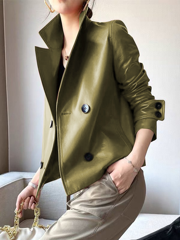 Long Sleeves Buttoned Solid Color Notched Collar Jackets&Coats Outerwear GREEN-2XL