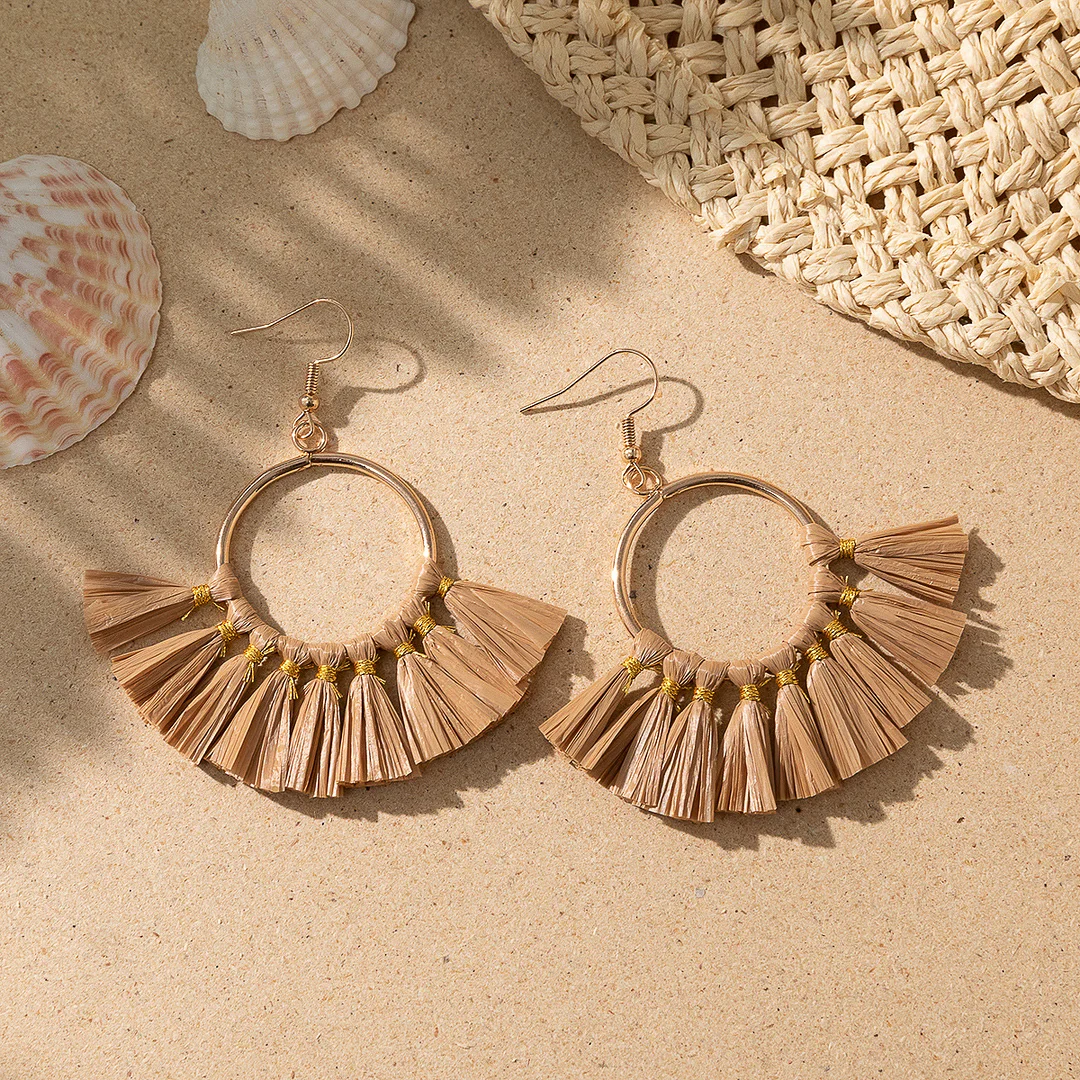 Women's Holiday Bohemian Style Raffia Braided Tassel Earrings