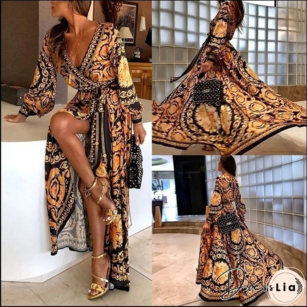 Woman Long Sleeve V-Neck Print Bohemia Maxi Dress Floral Long Sleeve Long Maxi Dress Party Beach Sundress Evening Dresses