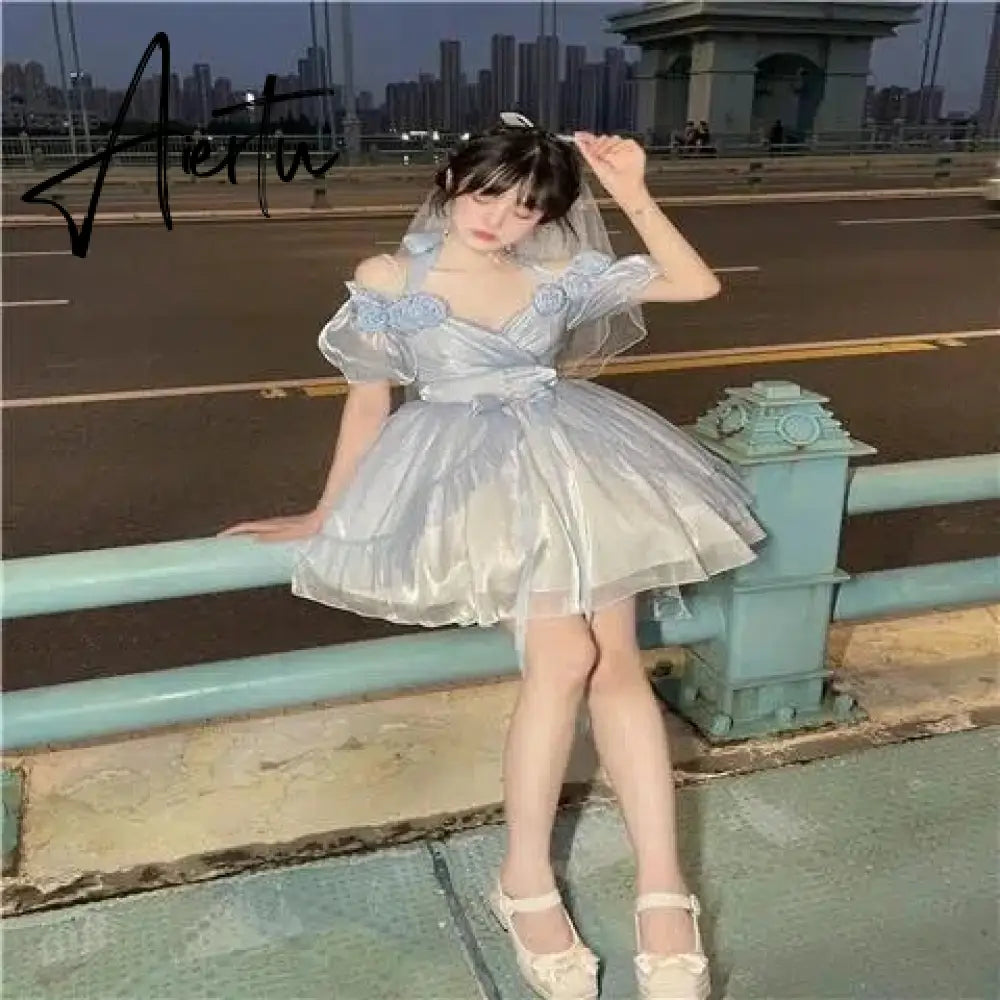 Flower Wedding Lolita Dress Light Gradient Blue Rose Fairy Princess Kawaii Sweet Elegant Lolitas Tea Party Dresses Victorian Aiertu