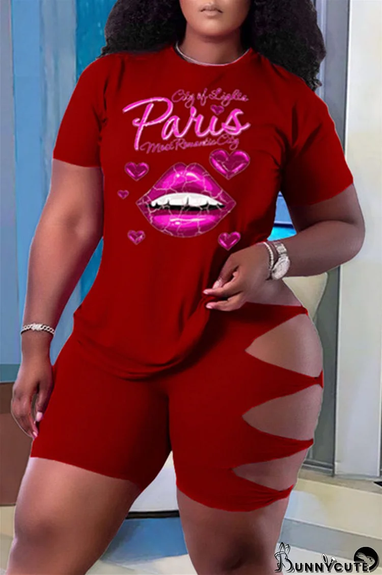 Burgundy Fashion Casual Letter Lips Printed Ripped O Neck Plus Size Two Pieces