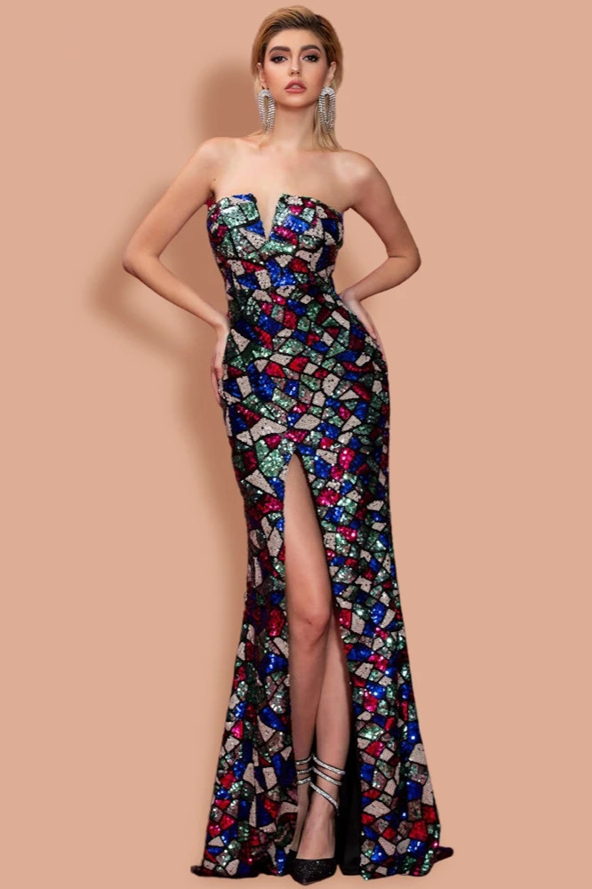 Chic Strapless Sequin Multi Color Mermaid Evening Party Dress - lulusllly
