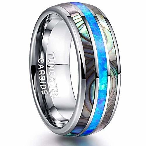Women's Or Men's Tungsten Carbide Wedding Band Matching Rings,Silver Tone Multi Color Blue Opal and Rainbow Abalone Shell Inlay Ring Organic colors With Mens And Womens For Width 6MM 8MM