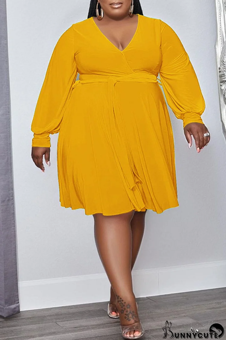 Yellow Casual Solid Bandage Patchwork V Neck Long Sleeve Plus Size Dresses