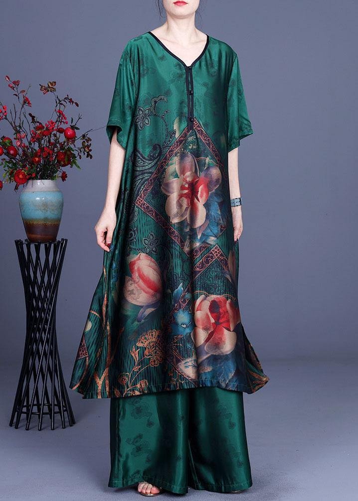 Green Elegant Print Patchwork Summer Silk long shirts + Wide Leg Two Pieces Set