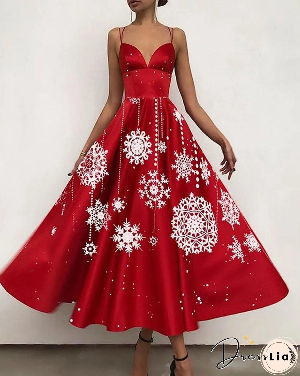 Women Elegant Open Back Print Christmas Party Dress Sling Maxi Swing Dress