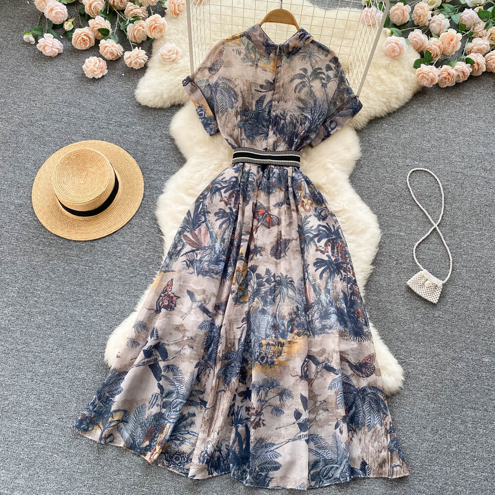 Women Vintage Party Dress Summer French Elegant Print Dress Ladies High Waist Retro Single Breasted Belt Casual Long Dress