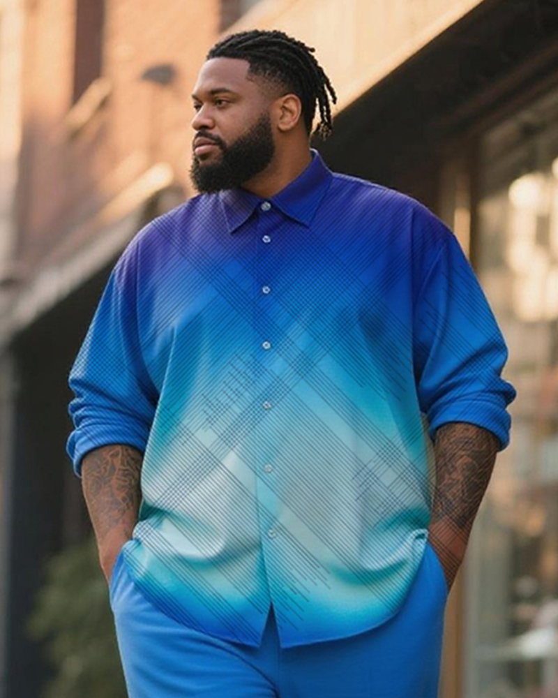 Big & Tall Men's Business Gradient Blue Check Print Long Sleeve Shirt Trousers Suit