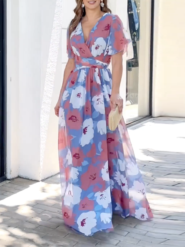 Floral Printed Loose Short Sleeves V-Neck Maxi Dresses