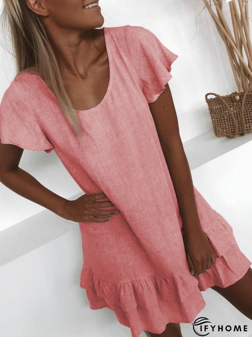 zolucky Plus Size Casual U-Neck Solid Short Sleeve Mini Weaving Dress | IFYHOME