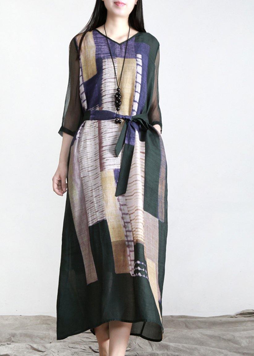 VCSHOES Loose Blackish Green Print Linen Maxi Dresses Half Sleeve