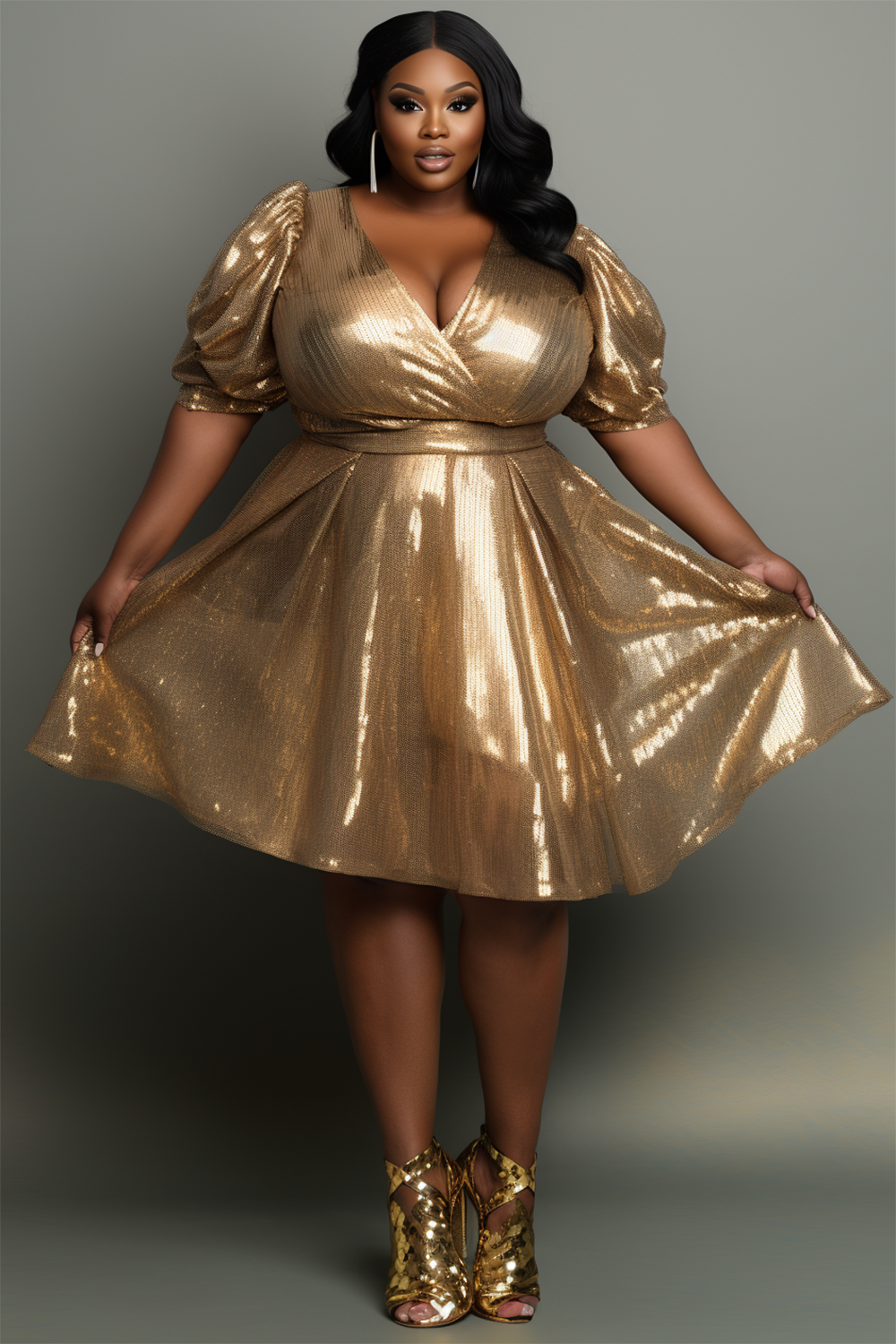 Design Plus Size Party Midi Dresses Elegant Gold Spring Summer Wrap Neck Puff Sleeve Short Sleeve Glitter Midi Dresses [Pre-Order]