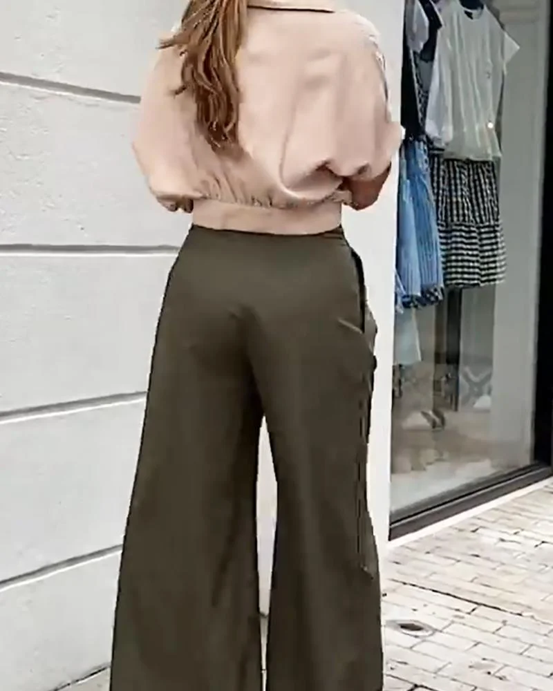 Two Piece Set of Short Sleeve Casual Top & Solid Color Pants