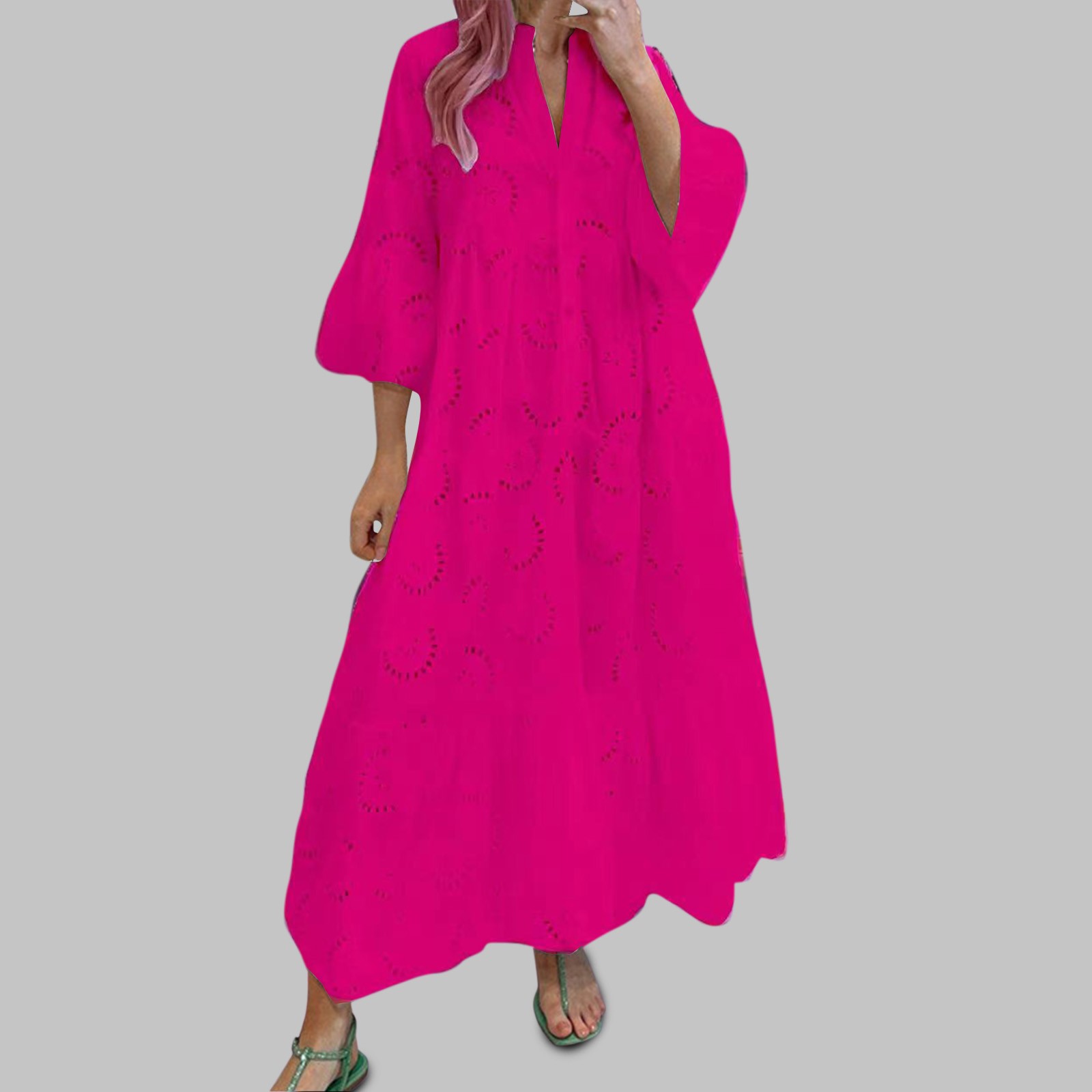Casual Charming White Eyelet Long Dress French V Neck Flared Sleeves Lace Openwork Cotton Sexy Long Dresses For Women Summer