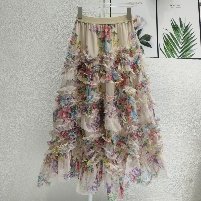 Summer Women's Fashion Sexy Elegant Floral Print Ruffles Prom Mesh Skirts