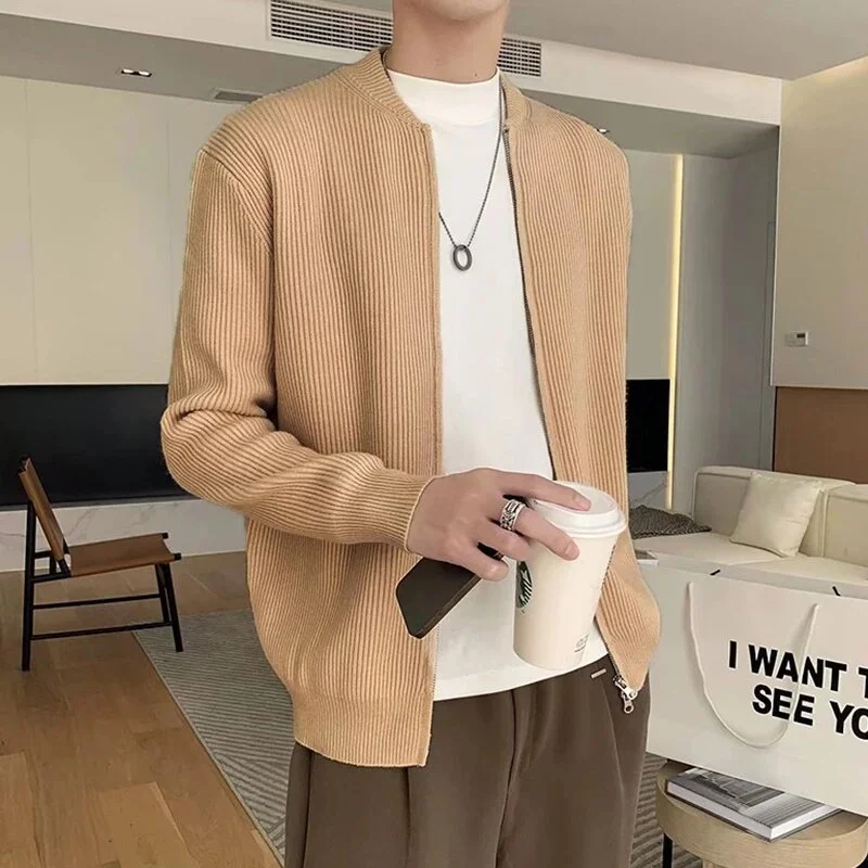 Aonga - Knitted Cardigan Men Streetwear Fashion Pure Color Crew Neck Long Sleeve Sweatercoats Leisure Knit Jackets For Mens Fall Sweater