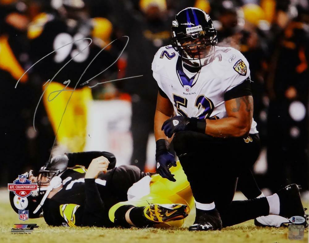 Ray Lewis Signed Ravens 16x20 Photo Poster painting Over Roethlisberger PF- Beckett Auth *Silver