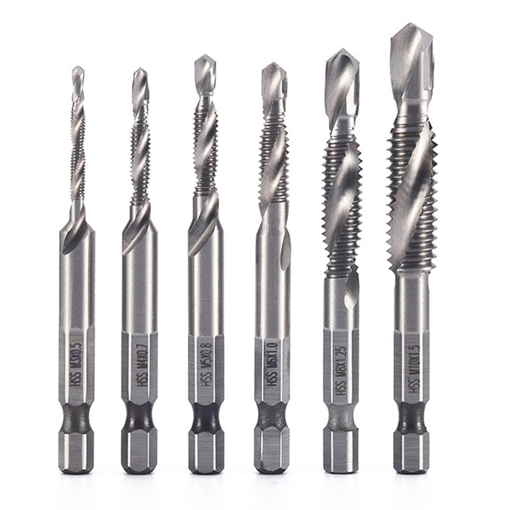 

6pcs M3-M10 Hex Shank HSS Screw Thread Metric Compound Tap Drill Bit Silver, 501 Original