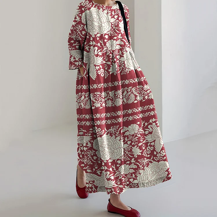 Simpfit Midikleid aus Nachahmung aus Baumwolle und Leinen mit japanischem Blumen- und Vogel-Kunstdruck