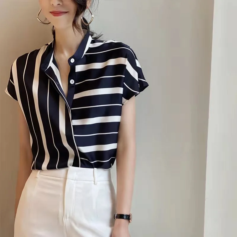 Summer Women Casual Striped Shirt Short Sleeve Office Lady Commuting Chiffon Shirt