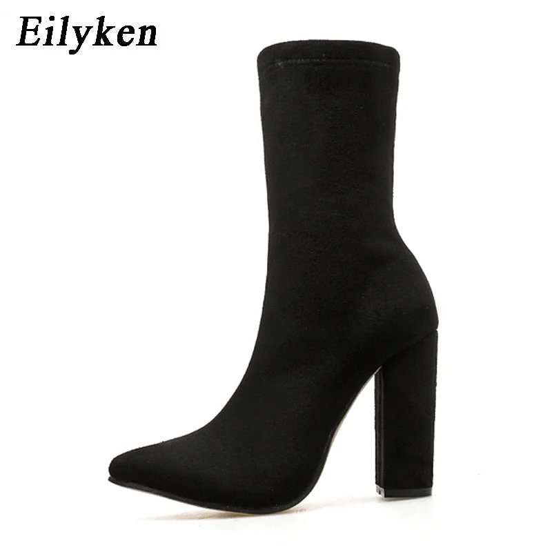 Eilyken 2022 New Flock Ankle Boots Women For Autumn Winter Fashion Pointed Toe heel Zipper Woman Chelsea Boots Plus size 35-42