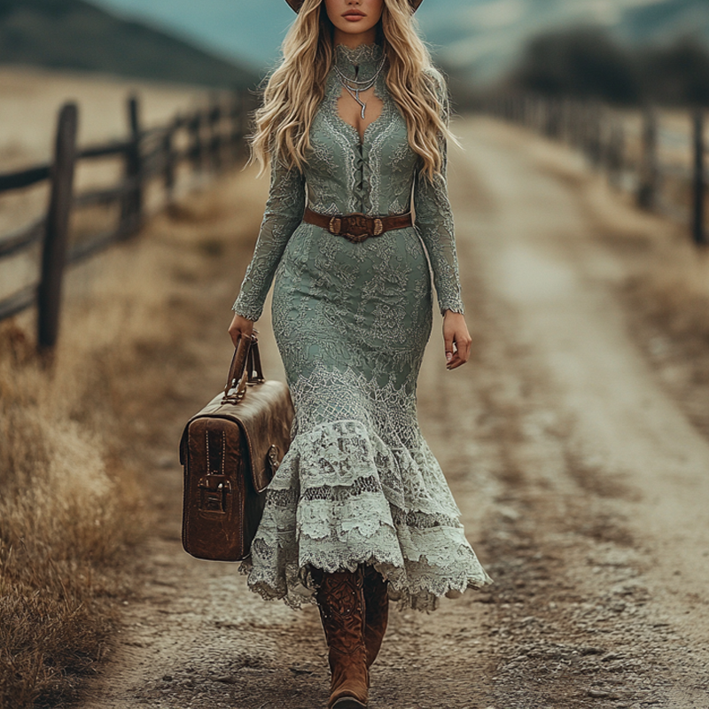 Women's Western Cowboy Elegant Lace Splicing Dress With Cowboy Boots