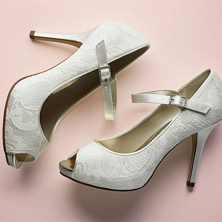 Ivory Bridal Shoes Lace Heels Peep Toe Mary Jane Pumps for Wedding |FSJ Shoes