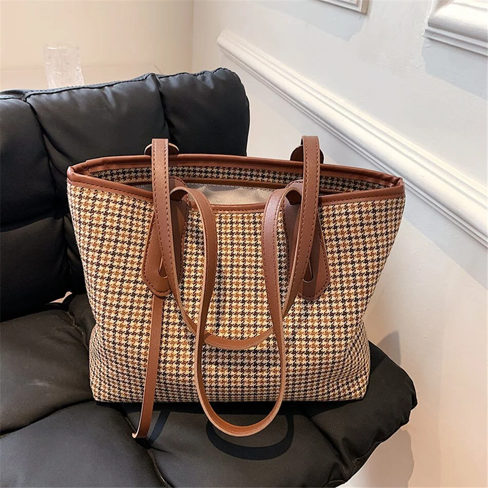 Fashion Women Tote Bags Large Capacity Houndstooth Shoulder Bag for Ladies Autumn Winter Casual Shopping Handbags and Purse