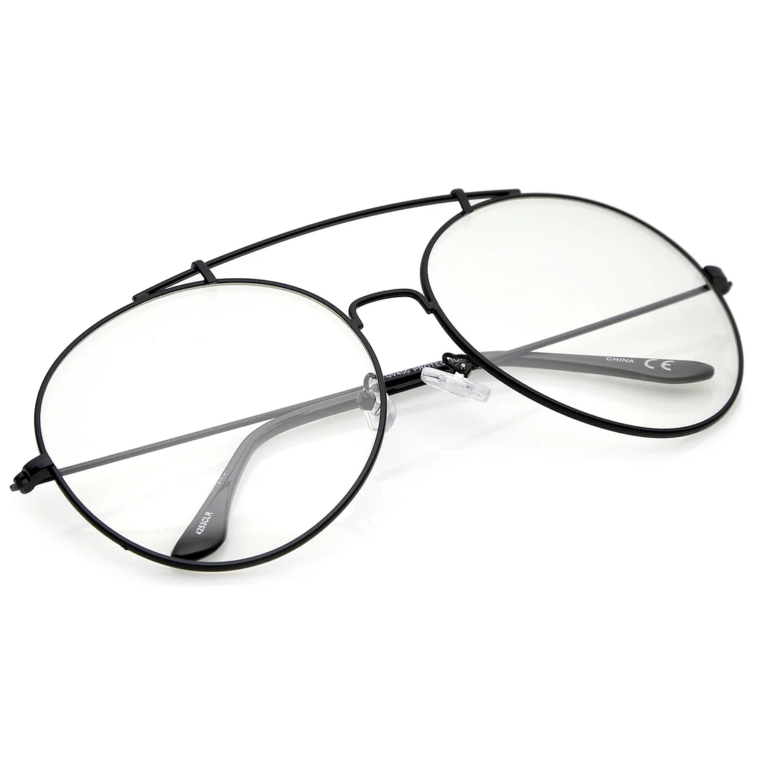 Classic Oversize Metal Frame Slim Temple Crossbar Clear Lens Round Eyeglasses 59mm