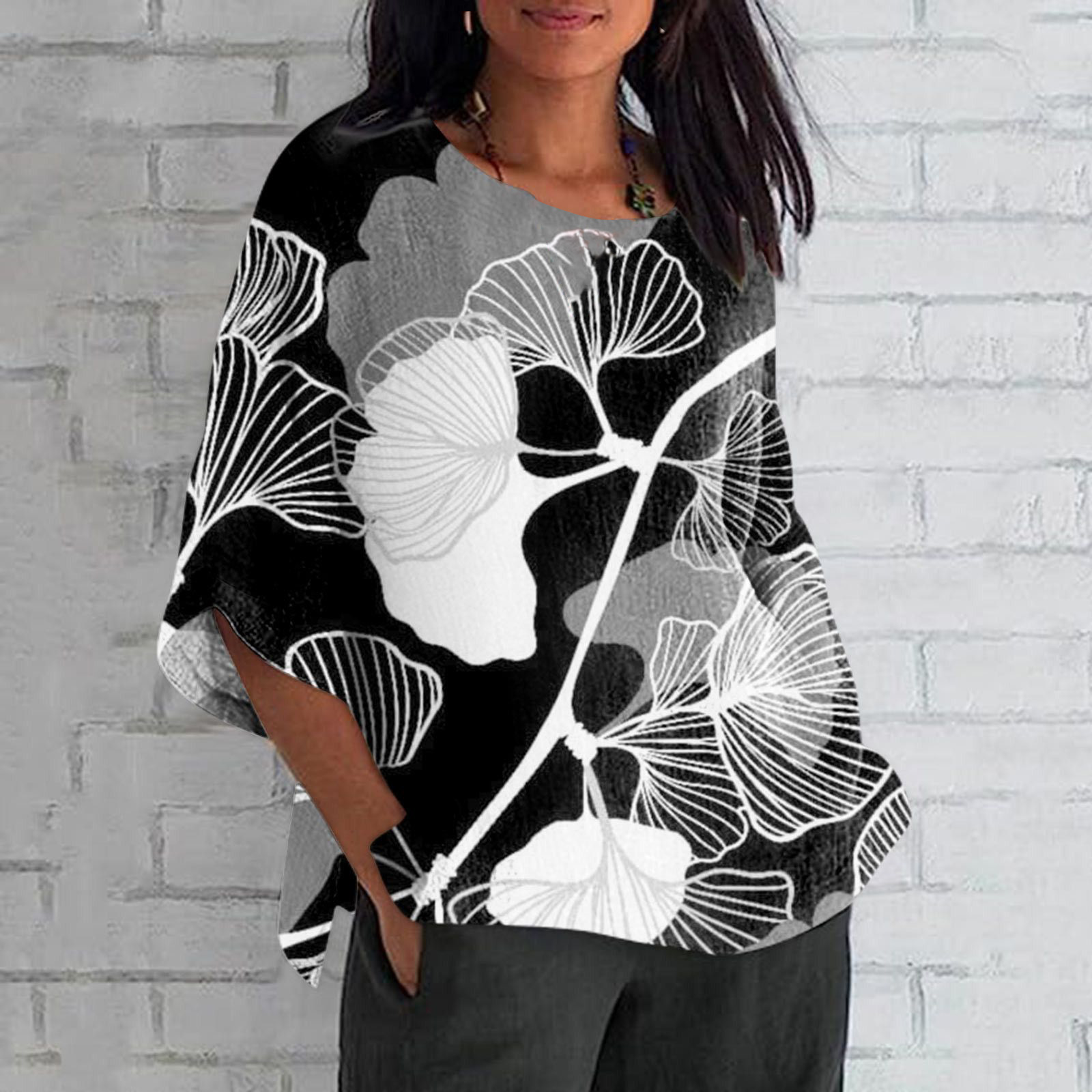 Comstylish Elegant Japanese Art Ginkgo Print Crew Neck Casual T-Shirt