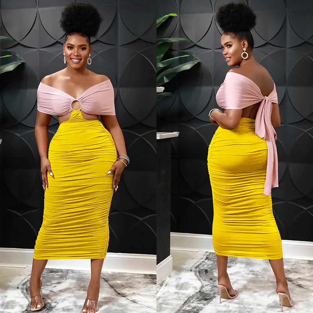 Churchf Churchf Fashion Women's Casual Tight Back Hollow Out Pleated Dress Women's Wear