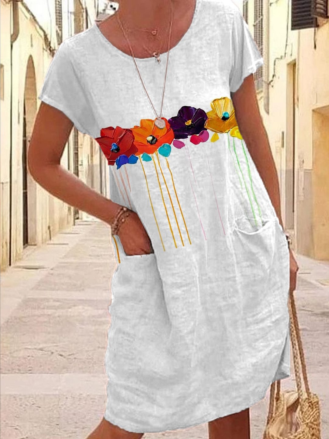 Women's Floral Print Short Sleeve Round Neck Cotton Linen Pocket Dress