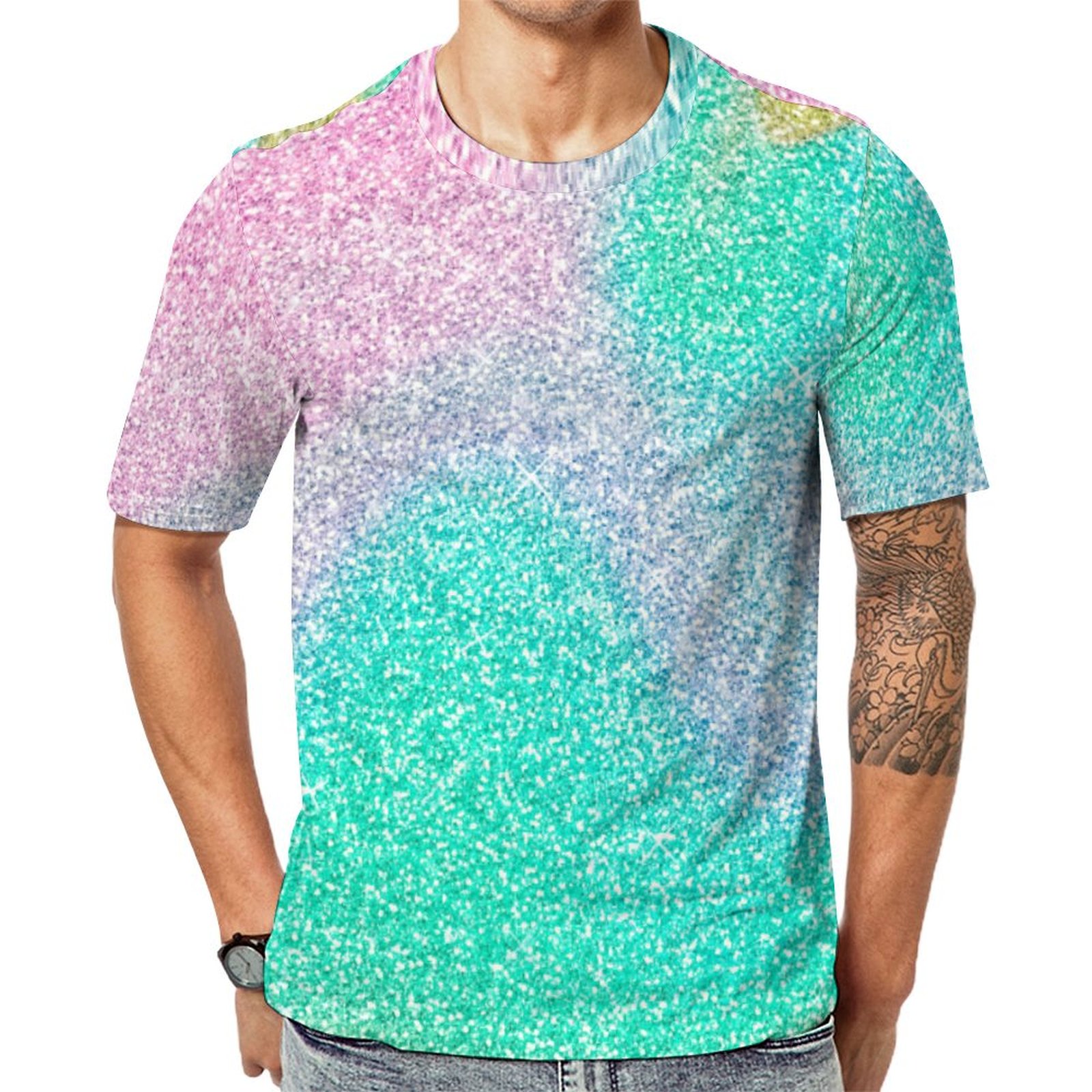 Tie Dye Magical Iridescent Glitter Holographic Short Sleeve Print Unisex Tshirt Summer Casual Tees for Men and Women Coolcoshirts