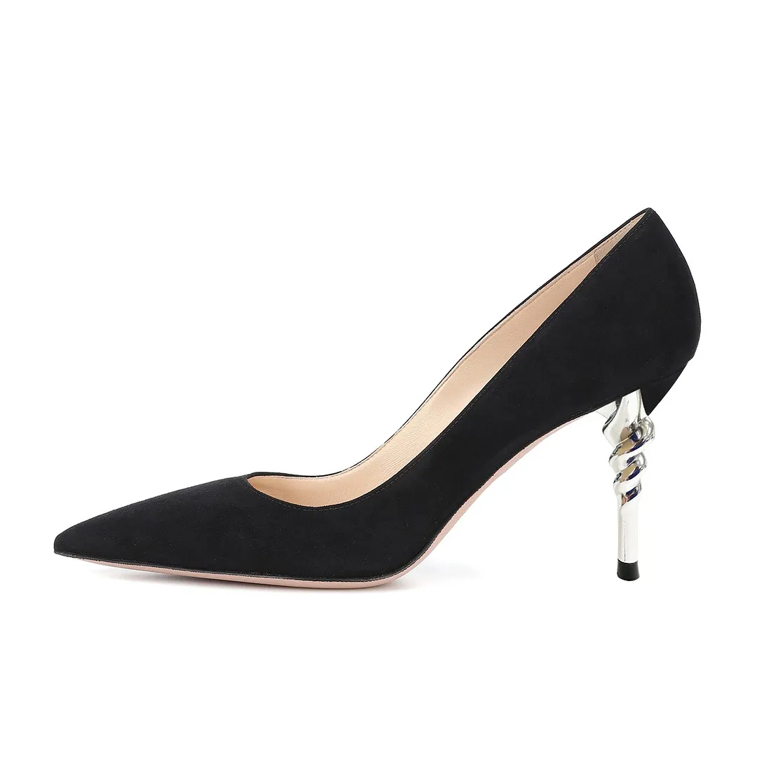 YDN Classic Vegan Suede Decorative Heel Black Pumps for Women