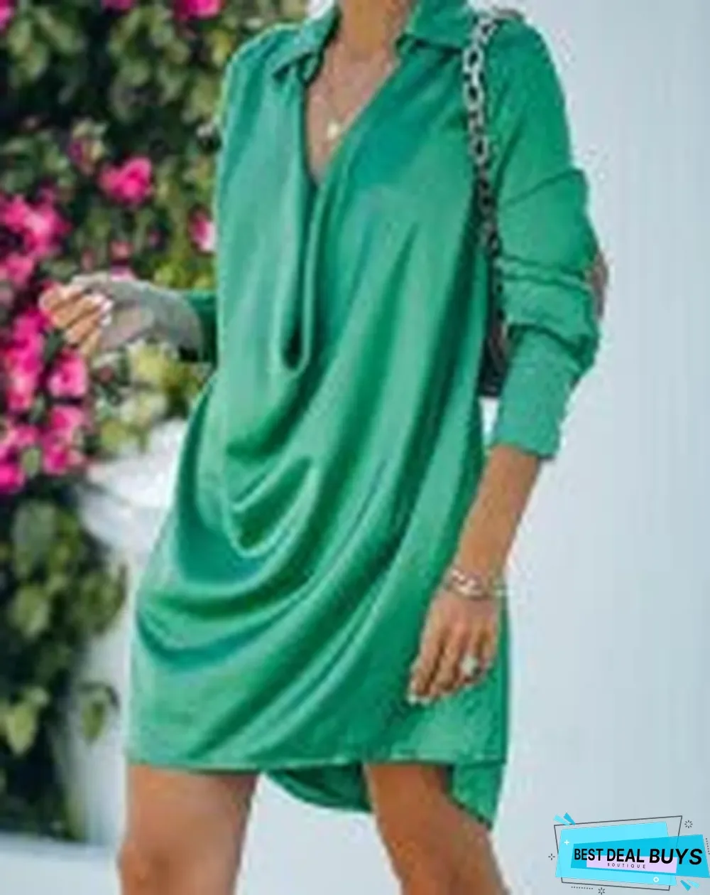 Long Sleeve Cowl Neck Ruched Shirt Dress