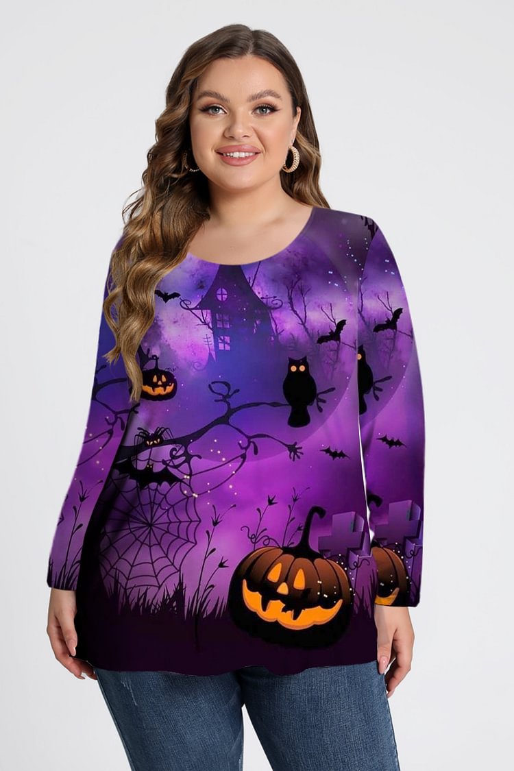 Flycurvy Plus Size Halloween Purple Ombre Graphic Print Long Sleeve T-Shirt  flycurvy [product_label]