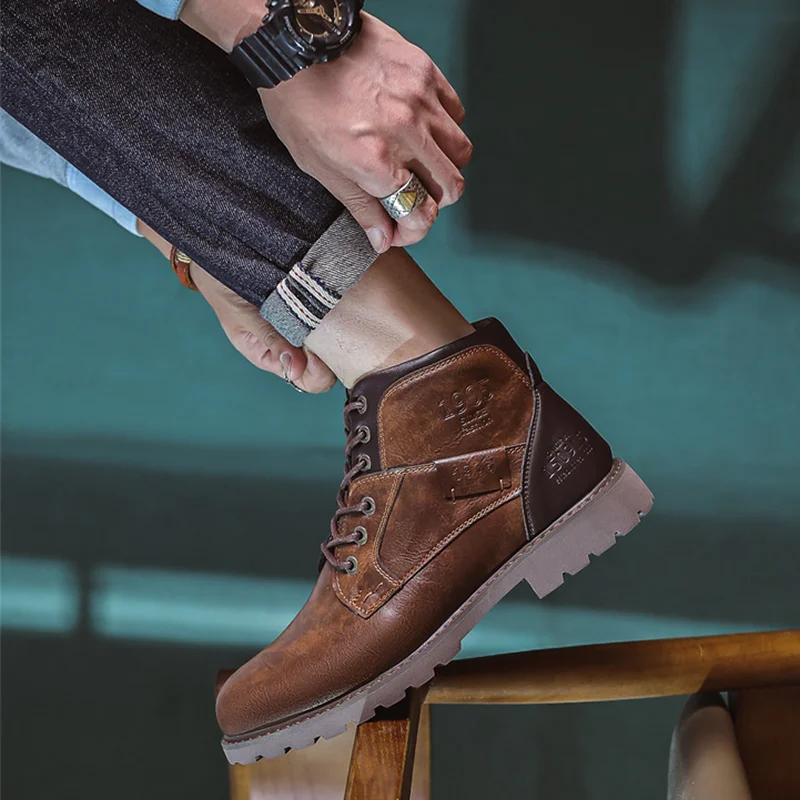 Men's Waterproof And Wear-resistant Spliced ​​lace-up Side Zipper Low-cut Cowboy Boots