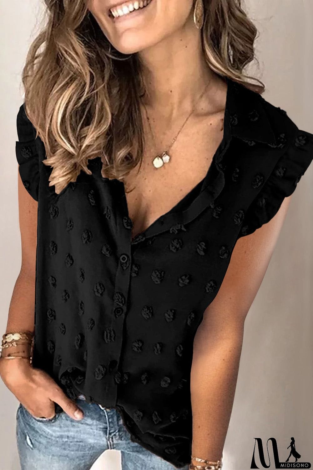 MidiSono - Turn-down Collar Ruffle Polka Dot Tank