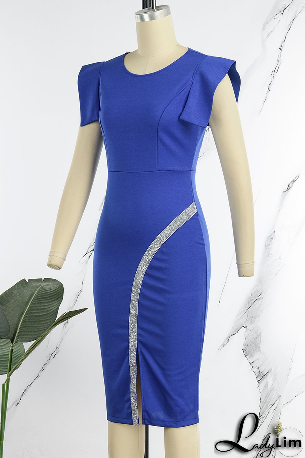 Royal Blue Casual Solid Patchwork Slit O Neck Pencil Skirt Dresses