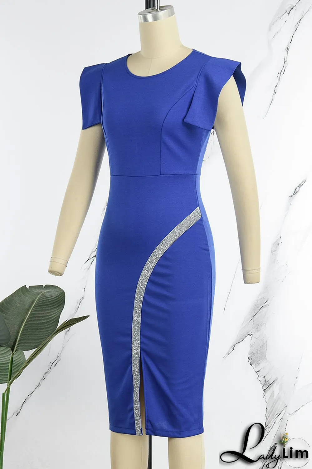 Royal Blue Casual Solid Patchwork Slit O Neck Pencil Skirt Dresses