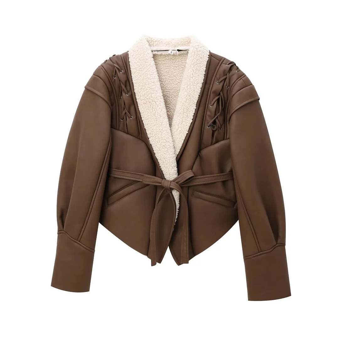 Zingj / Winter Women's Spice Girl Lapel Lamb Coat With Waist Short Biker Jacket