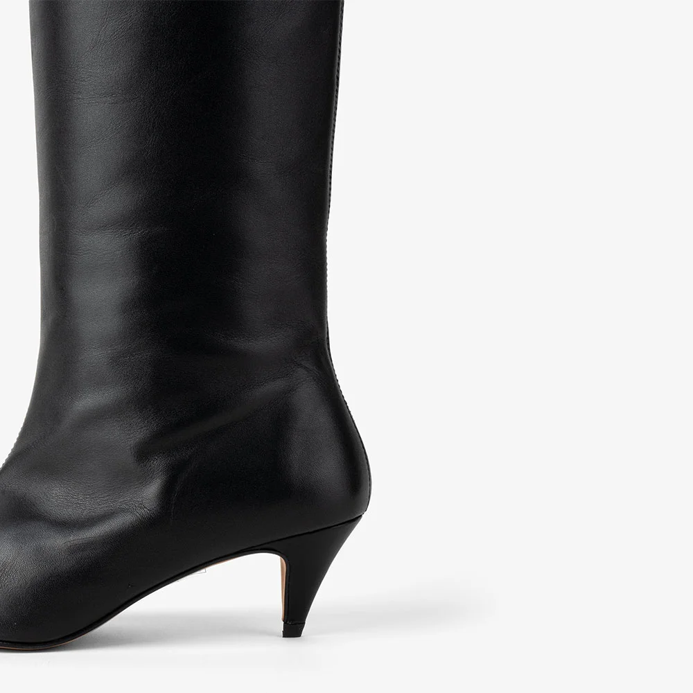 Women's Elegant Black Square Toe Kitten Heel Knee High Boots