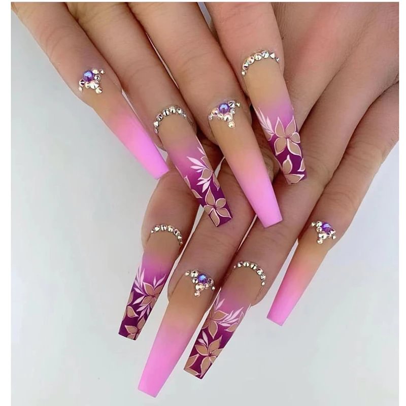 Agreedl Gradient Ramp Purple Nail Tips Long Square Ballerina Luxury Nail Decoration With Rhinestones Home DIY Press On Coffin Nails