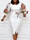 Round-Neck Puff Sleeve Floral Printed Split-Joint Belted Wrap Midi Dress