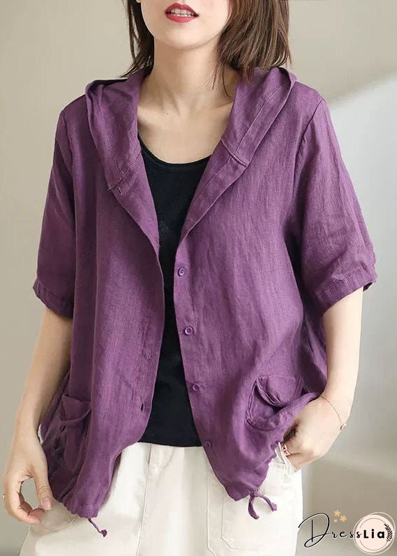 Vintage Coffee Hooded Pockets Cinched Button Patchwork Linen Coats Summer