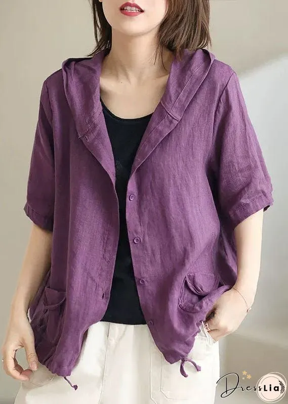 Vintage Coffee Hooded Pockets Cinched Button Patchwork Linen Coats Summer